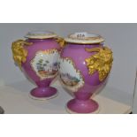 A pair of French pedestal ovoid side vases, decorated with landscapes, lilac ground,