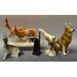 Royal Dux models- a doe and deer group; German shepherd dog; Antelope; bird,