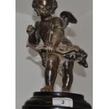 Continental School, a white metal model of a cherub, circular ebonised base, c.