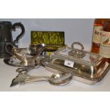 Plated Ware - a pair of candlesnuffers;  an entree dish and cover;  a sauce boat;