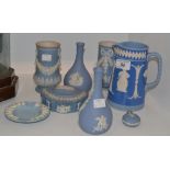 Jasperware - a pair of 19th century campana vases; a scent bottle; bottle vases;