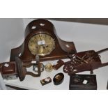A 1930s Napoleon hat mantel clock; keys; papier mache box; etc,