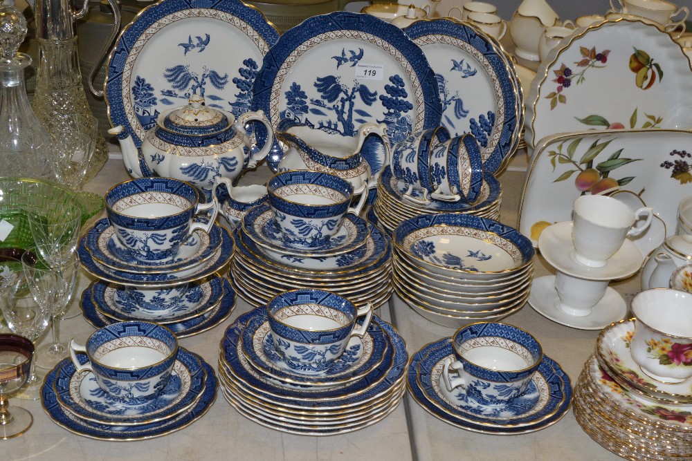 A Booths Real Old Willow pattern breakfast service for six, comprising teapot, milk jug, cream jug,