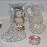A Lladro model of an Owl; a cut glass photograph frame; water jug;