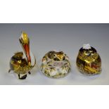 A Royal Crown Derby paperweight, Pelican, printed mark;  another, Little Owl;  Imari Frog,