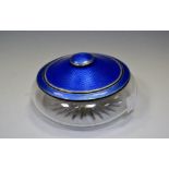 A cut glass powder bowl ,guilloche enamelled cover ,