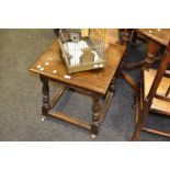 An '18th century' oak rectangular occasional table, turned legs, 55cm high, 51cm wide,