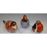 A Royal Crown Derby paperweight, Pheasant lacking stopper, printed mark;  others, Robin; Jay,