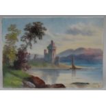 An English rectangular porcelain plaque, painted with a castle by a Highland loch, 9.