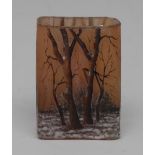 A miniature Daum cameo glass vase, of spreading rectangular form, overlaid with tree bough,