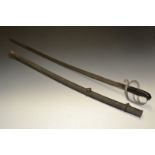 A 19th century Continental cavalry sword, 89cm curved fullered blade marked WW, three-bar guard,
