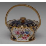 A Spode basket and cover, painted with colourful summer within gilt cartouche,
