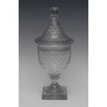 A 19th century Neo-classical pedestal urnular vase and cover, hobnail cut, lofty domed cover,