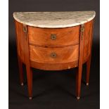 A French Louis XVI style demi-lune commode, marble top above a pair of banded drawers,