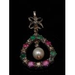 A 19th century diamond emerald, ruby and pearl pendant, central hinged pearl and diamond drop,