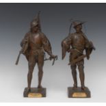 Émile Louis Picault (1833-1915), after, a pair of patinated bronzes, Porte Etendard and Arbaletrier,