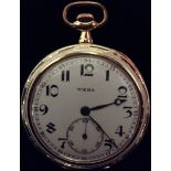 An gold coloured metal cased St George and the Dragon pocket watch, white enamelled dial,
