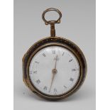 A George III tortoiseshell and pique pair cased verge pocket watch, enamelled dial, Roman numerals,