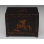 A Regency penwork rectangular tea caddy, hinged cover decorated with a putto dressed as Mercury,
