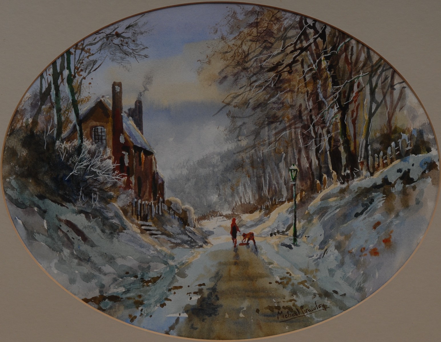 Michael Crawley The Hollow, Littleover, Derby signed, titled to verso, oval, watercolour,