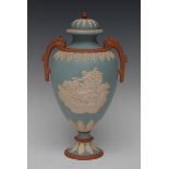 A Walker and Co light blue Jasperware two-handled pedestal ovoid vase and cover,