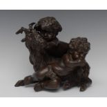 Continental School (19th century), a brown patinated bronze, Infant Bacchus, Putto and Goat,