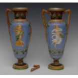 A pair of Minton two-handled vases, applied with classical figures, within scrolling vine,