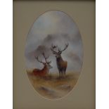 Milwyn Holloway - a Fine Art Ceramic Paintings rectangular plaque, stags, signed, oval, 22cm x 14.