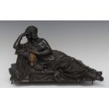 French School (19th century), a dark patinated and parcel-gilt bronze, Reclining Grecian Maiden, 33.