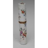 A 19th century French enamelled cylinder case, decorated with panels of Cherries, Pears, Lemons,