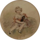 English School (19th century) Playmates, A Young Girl and Her Puppy watercolour, circular, 18.