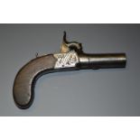 A 19th century percussion muff or pocket pistol, 4cm screw-off barrel, the lockplate signed Moore,