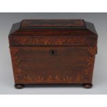 A William IV rosewood and marquetry sarcophagus tea caddy, inlaid with borders of stiff leaves,