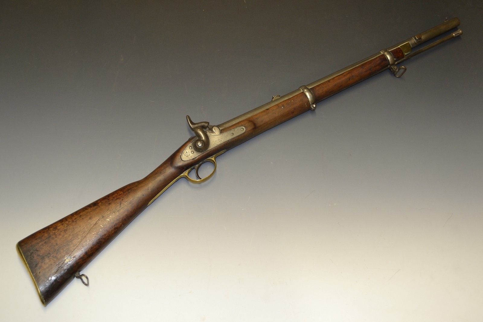 A Victorian percussion carbine, 60cm barrel, Tower lock with crowned VR cypher and dated 1858,
