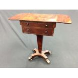 A George IV mahogany pedestal work table, rounded rectangular top with fall leaves,