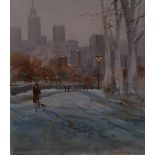 Michael Crawley Snowy Day, Central Park, New York signed, titled to verso, watercolour,