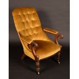 A William IV rosewood button back armchair, stuffed-over upholstery,