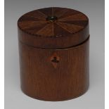 An unusual 19th century cylindrical tea caddy, hinged cover with brass ring finial,