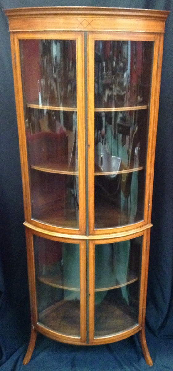 An Edwardian rosewood crossbanded satinwood bow fronted corner display cabinet,