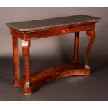 A French Empire mahogany pier-table, rounded rectangular marble top above a frieze drawer,