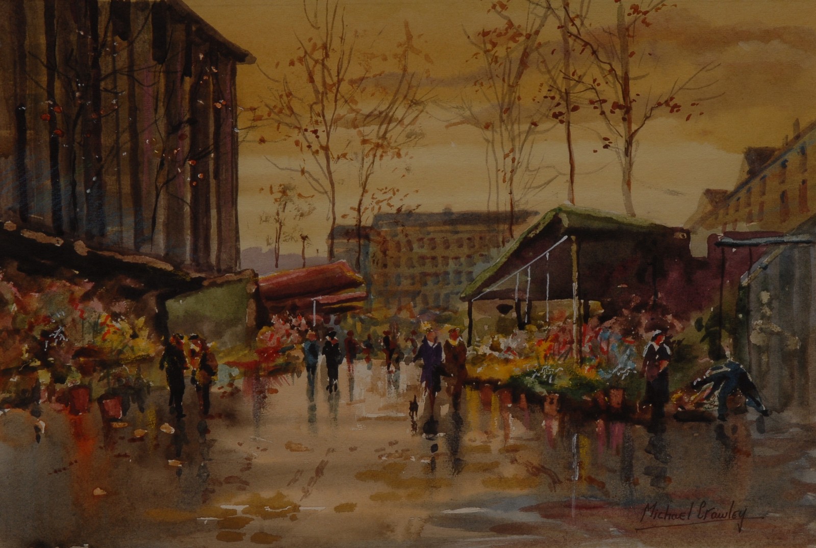 Michael Crawley Flower Market, Paris signed, titled to verso, 19.