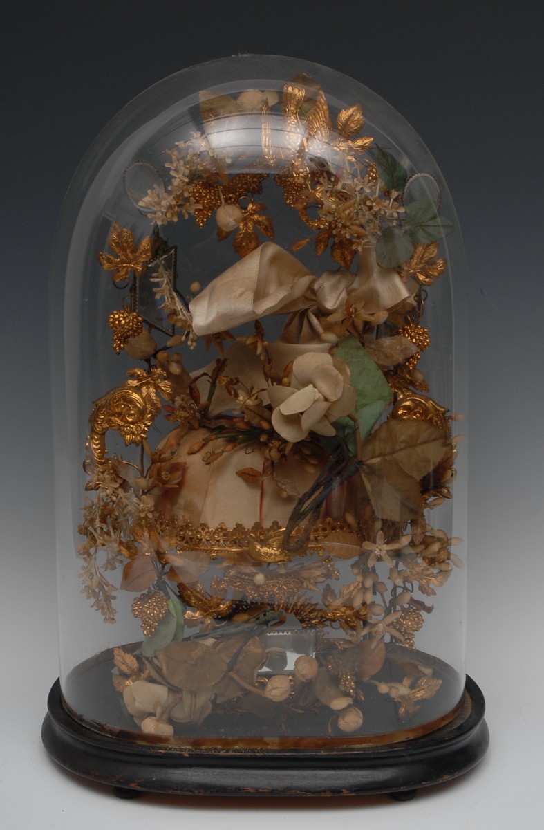 A 19th century crown stand, with gilt metal birds, fruiting vine, and scrolls, silk flowers,