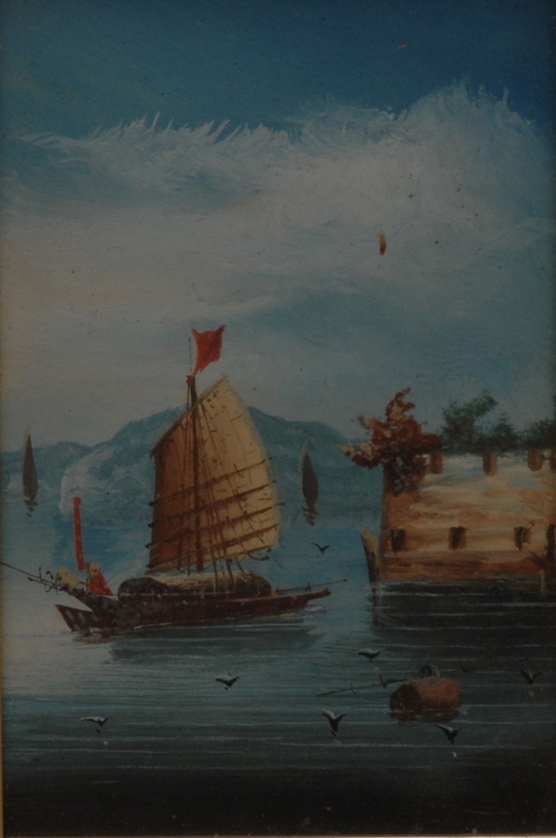 Chinese School (19th century) A pair, Junks off the Coast oil on panels, 19.