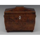 A George III yew sarcophagus tea caddy, hinged cover enclosing a pair of lidded compartments,