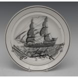 A Dilwyn Swansea circular plate, printed in monochrome with ship, 22cm diam,