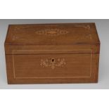 A 19th century rosewood and marquetry rectangular tea caddy, inlaid with leafy scrolls,