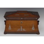 An early Victorian rosewood and mother of pearl marquetry sarcophagus tea caddy,