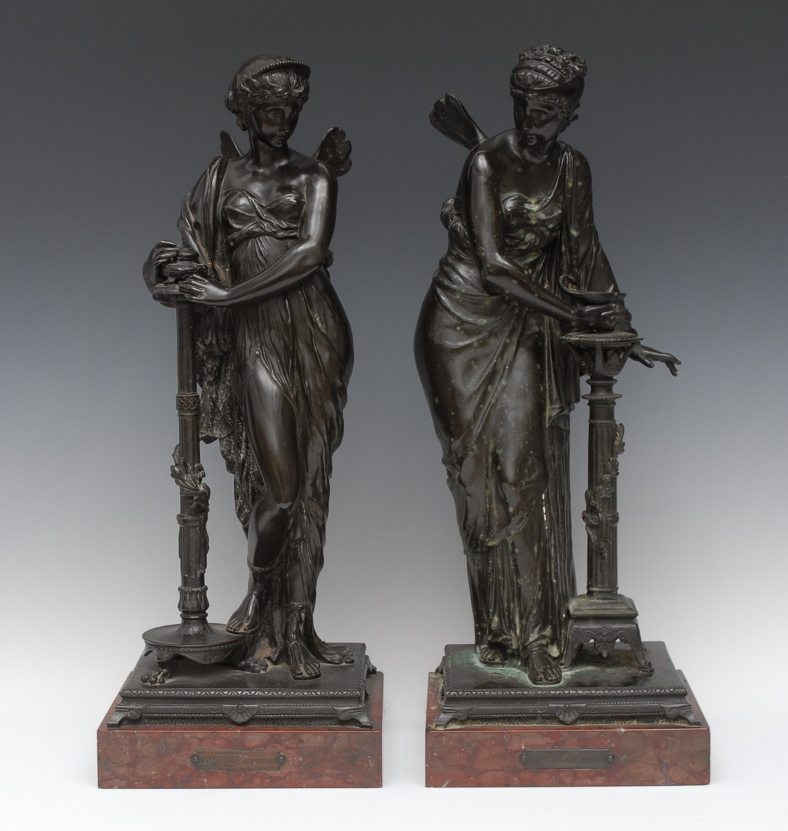 Henri Etienne Dumaige (1830 - 1888), a pair of dark patinated bronzes, Pandora and Psyche,