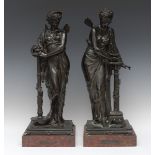 Henri Etienne Dumaige (1830 - 1888), a pair of dark patinated bronzes, Pandora and Psyche,