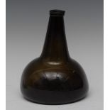 A late 17th/early 18th century green glass onion bottle, applied trail to neck,